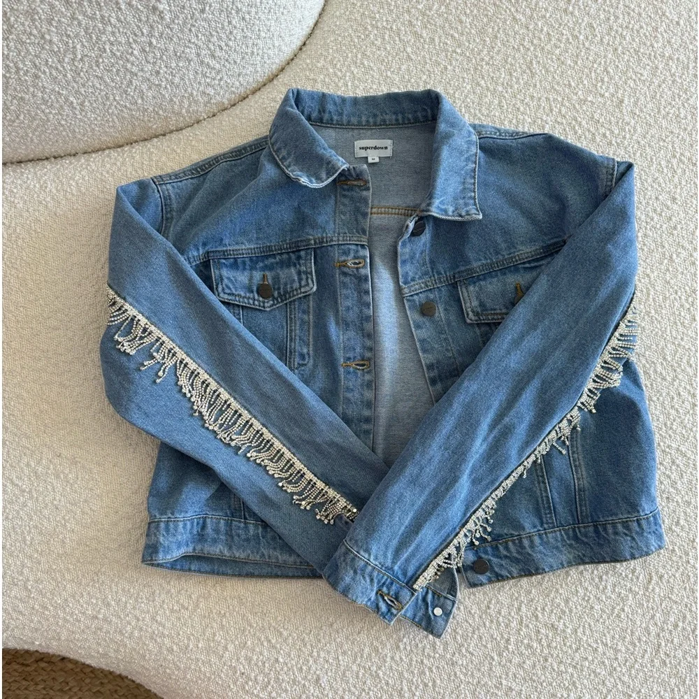 Superdown Revolve Raya Rhinestone Fringe Jacket in Light Blue Wash size large - Picture 8 of 8